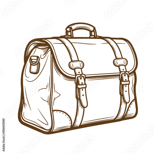 Classic sketch vintage leather briefcase illustration with buckles and handle in brown outline