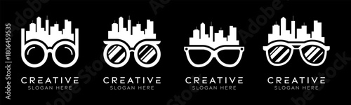 Set of city eyeglasses logo design templates. Modern isolated city with eyeglasses design for technology, urban planning and optical stores.
