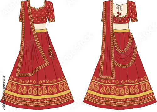 Indian Traditional Bridal Red Dress Vector Template, Front and Back View, Wedding Saree Illustration, Ethnic Clothing Design