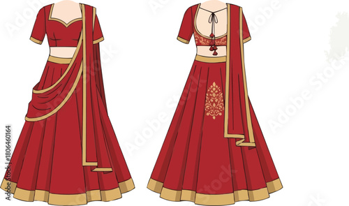 Indian Traditional Bridal Red Dress Vector Template, Front and Back View, Wedding Saree Illustration, Ethnic Clothing Design