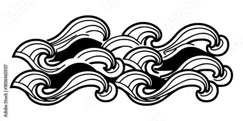 Stylized black and white illustration of swirling overlapping wave patterns