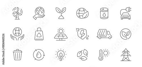 Ecology icons set. Renewable energy, green technology, recycling and eco-friendly solutions. Environment line symbols