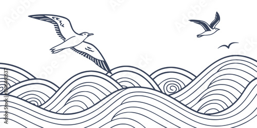 Sketch of seagulls flying over stylized waves a simple nautical illustration
