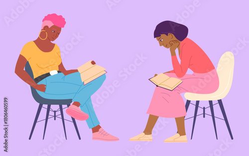 Cartoon Color Characters People Readers with Books Sitting on a Chair Set Concept Flat Design Style. Vector illustration
