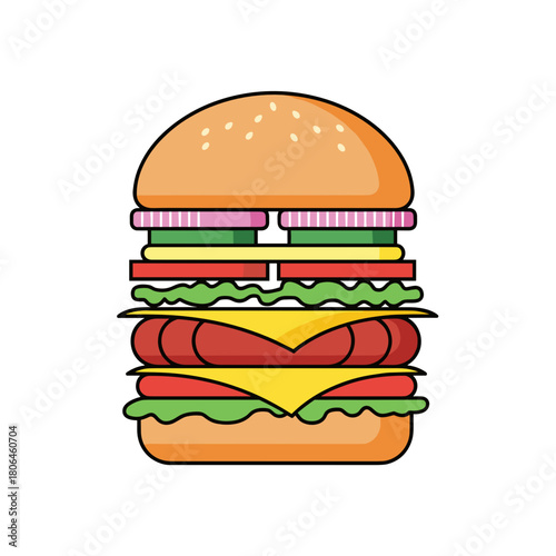 Illustration of a colorful hamburger stacked with fresh ingredients on a white background