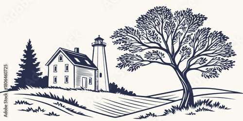 A peaceful scene of a lighthouse house and trees in a rural landscape