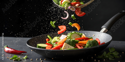 Fresh vegetables being tossed into a wok, creating a dynamic and colorful culinary scene, perfect for illustrating healthy eating and cooking concepts