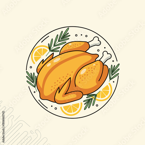 Roasted whole chicken with lemon and herbs, colorful presentation, light background