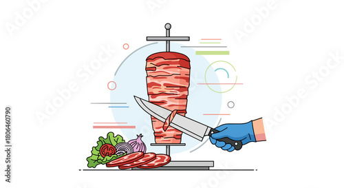 Man slicing shawarma with fresh vegetables, colorful illustration, minimalist background