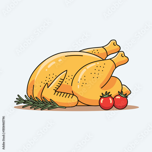 Roasted chicken with tomatoes and fresh herbs on light background