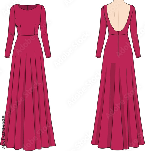 Fuchsia Long Sleeve Evening Gown Vector, Women's Formal Maxi Dress Template with Round Neck and Low Back Detail