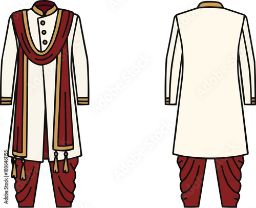 Indian Groom Sherwani Suit Vector Template with Shawl and Dhoti Bottom, Front and Back View