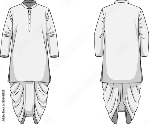 Men’s Long Kurta with Dhoti Drape Pants Vector Illustration, Traditional Indian Ethnic Clothing
