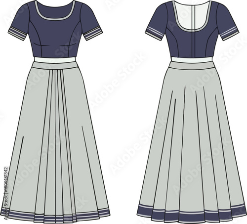 Two-Piece Ethnic Dress Vector Template, Navy Blue Blouse with Grey Pleated Skirt Mockup, Waistband Detail Fashion Illustration