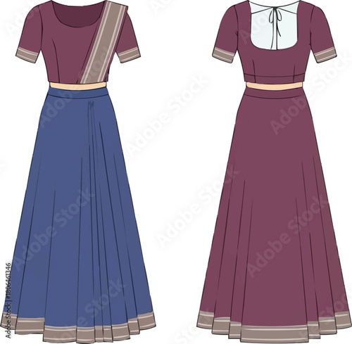 Long Indian Anarkali Gown Vector Template, Maroon and Blue Ethnic Dress Mockup with Dupatta Draped Detail