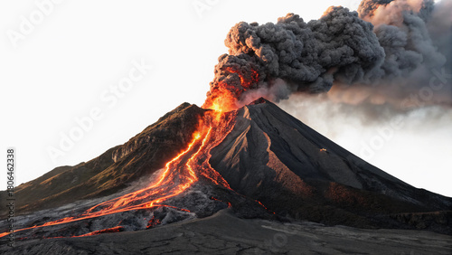 Powerful volcano eruption with lava flow down the slope and massive ash cloud