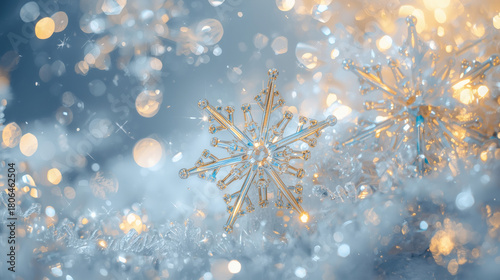 Banner. A crystal, ice snowflake on a snowy background. The symbol of 2026. Happy New Year and Merry Christmas.