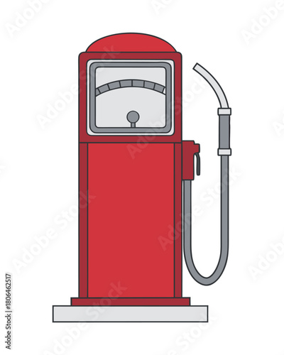 Antique red vintage gas pump with fuel nozzle, hose, and old price sign at a retro service station