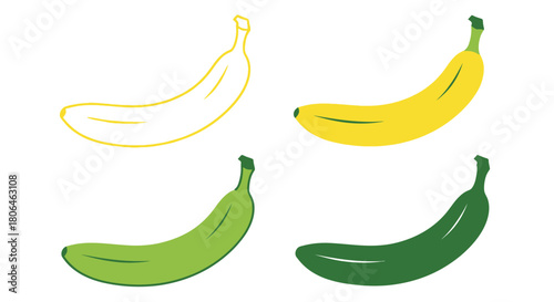 Four bananas in varying shades of yellow green and outline form