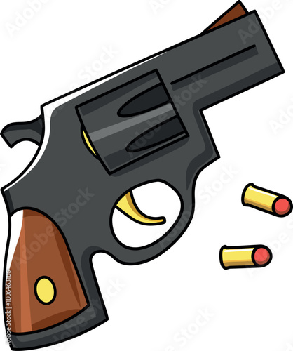 Illustration of a Handgun with Ammunition: A detailed illustration of a handgun, featuring a revolver and several rounds of ammunition, against a simple backdrop.