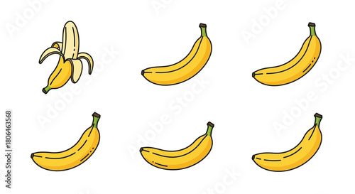 A collection of cartoon bananas in varying stages of peel and ripeness