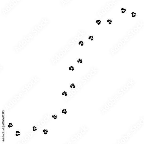 Simple trail of animal hoof prints. This black silhouette graphic shows the curved walking path of an animal with cloven hooves, such as a deer, horse, goat, or pig