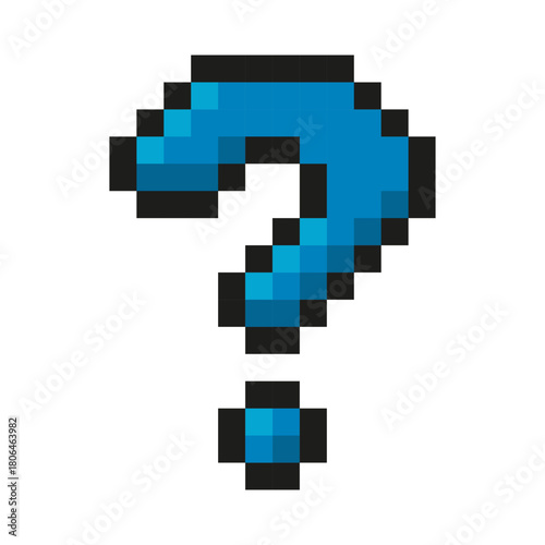 Pixel blue question mark with a black outline.  Representing mystery, inquiry, and uncertainty