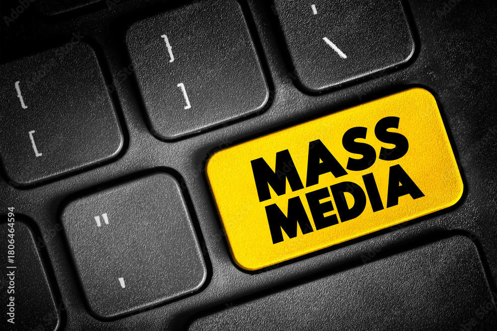 Naklejka premium Mass Media refers to a diverse array of media technologies that reach a large audience via mass communication, text button on keyboard, concept background