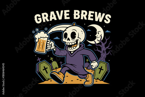 Skeleton Grim Reaper Holding Beer Mug.