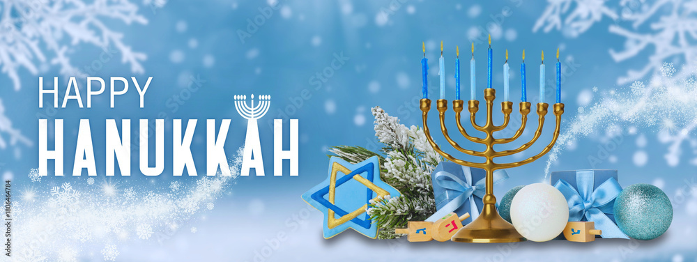 Obraz premium Hanukkah decorations including menorah, dreidels, and gifts