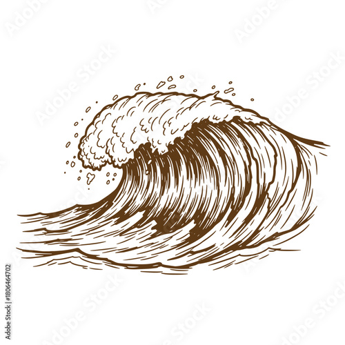 Hand drawn illustration of a large ocean wave with sketched details in a vintage style