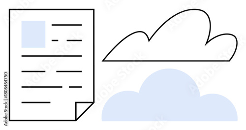 Document with text, folded corner, and minimalist cloud forms above and below. Ideal for technology, cloud storage, digital transformation, online data storage, remote access, tech innovation simple