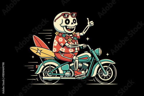 Skeleton Surfer Riding a Motorcycle with a Surfboard.