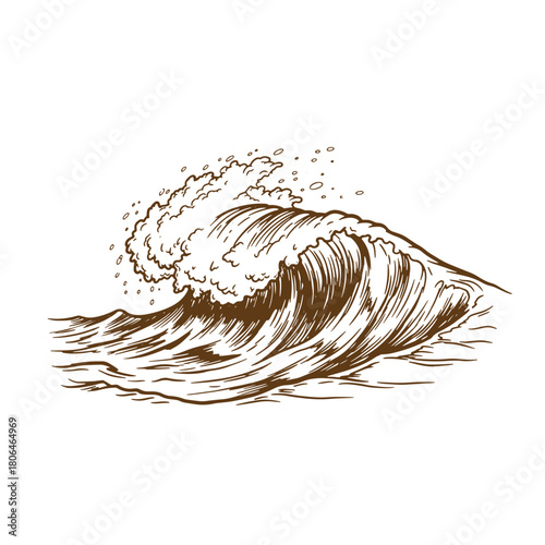 Hand drawn illustration of a large ocean wave cresting with a vintage sketch style