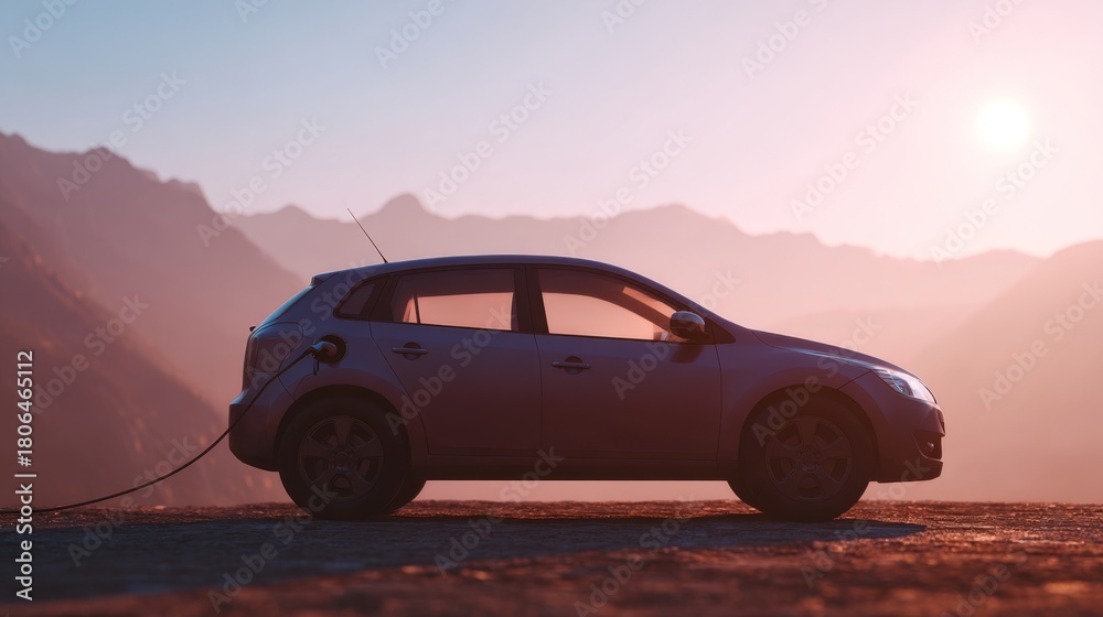 Fototapeta premium A sleek electric vehicle charging against a stunning mountainous backdrop at sunset, embodying the future of sustainable transportation.