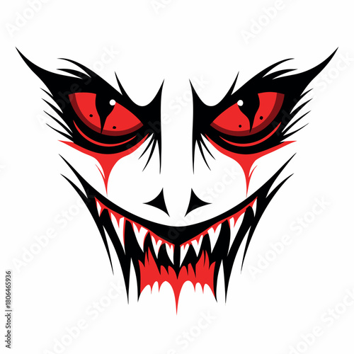 Sinister Portrait: This illustration depicts a chilling and eerie visage, with sharp teeth, glowing red eyes, and a malevolent expression. The artwork evokes a sense of dread.