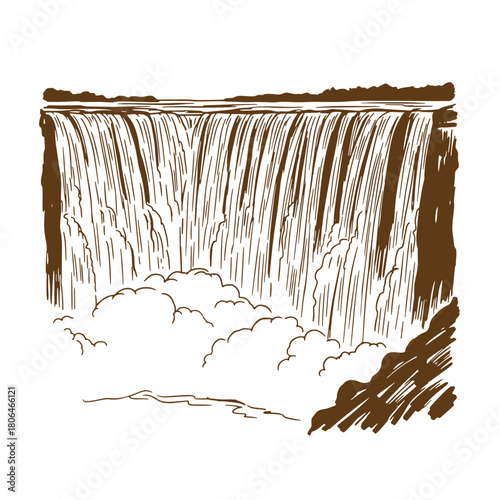 Hand drawn sketch illustration of a majestic waterfall in brown color on white background