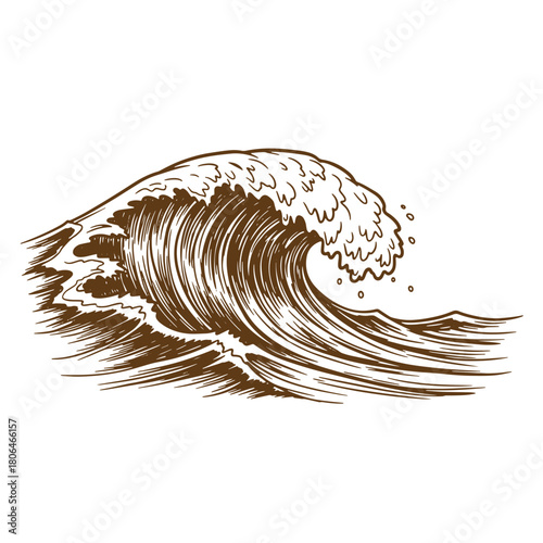 Hand drawn sketch illustration of a powerful ocean wave cresting with spray and foam