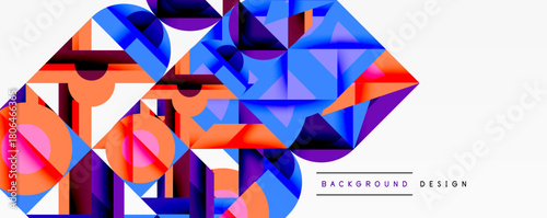 Abstract geometric shapes, vibrant colors, modern design. Blue, orange, purple hues create dynamic composition. Minimalist aesthetic.
