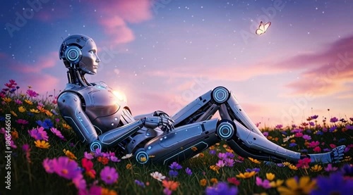 Futuristic android gently touches butterfly, lying in a vibrant field of flowers
