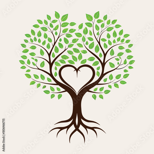 Arboreal Embrace: A tree with leaves forms a heart shape, evoking themes of love, life, and the intertwined nature of growth.
