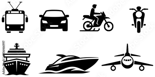 Collection of black and white icons representing various modes of transportation