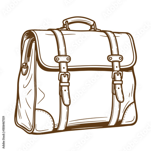 Hand drawn sketch illustration of a vintage leather briefcase with buckles and handle