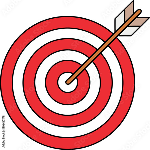 Target Achieved: An arrow pierces the bullseye of a vibrant target, perfectly hitting the mark with precision and focus, symbolizing goal achievement and accuracy.