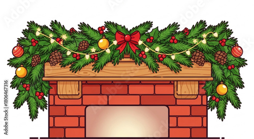 Festive christmas fireplace mantel decorated with garland, ornaments, and lights, creating a cozy and inviting atmosphere isolated on