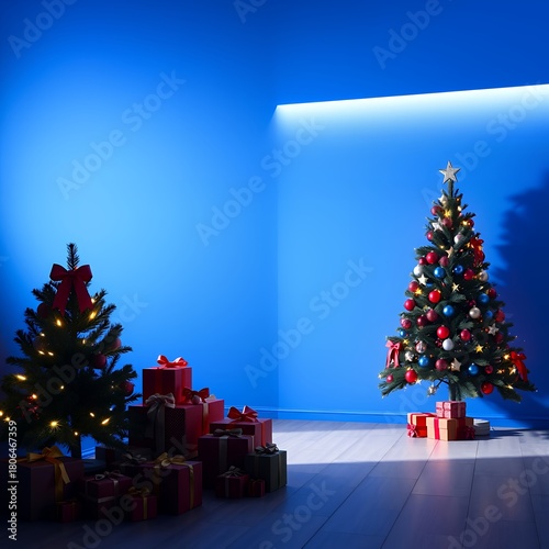 A large blue wall with a decorated christmas tree and gifts on one side is providing lots of negative space as background for text graphics and personal messages christmas background holiday backgroun