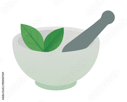 White marble mortar and pestle with fresh herbal preparation, isolated for cooking or pharmacy use