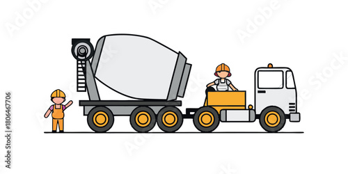 Concrete Mixer Truck with workers: Illustrating the daily operation of concrete mixer truck by worker