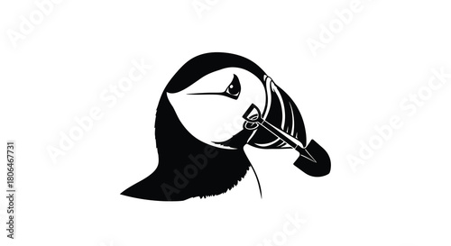 Puffin head holding small shovel in mouth vector illustration