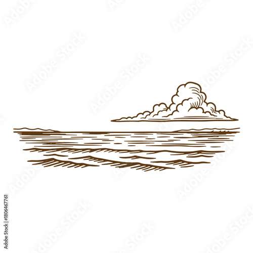 Hand drawn sketch vintage of a serene seascape with fluffy clouds and ocean waves